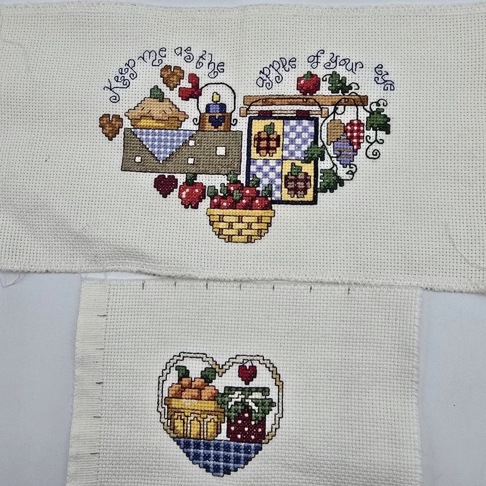 Unframed Completed Needlepoint Cross Stitch Heart Designs Kitchen Vtg Kitschy